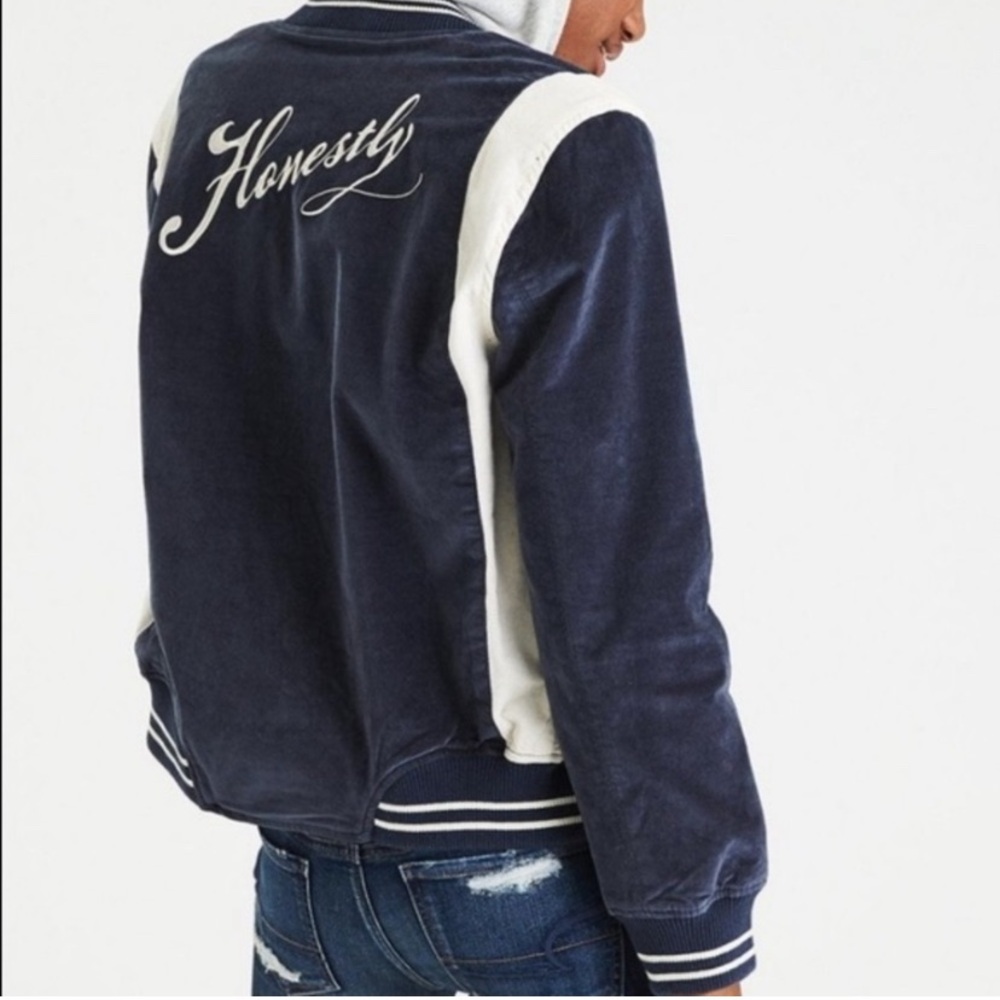 American Eagle “Honestly” Bomber Varsity Velveteen Jacket Medium - Picture 2 of 11